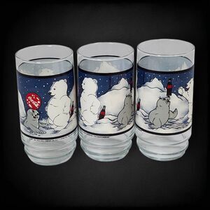 1997 Coca-Cola Polar Bear Seal Glasses Set of 3 Vintage Christmas Holiday Promo